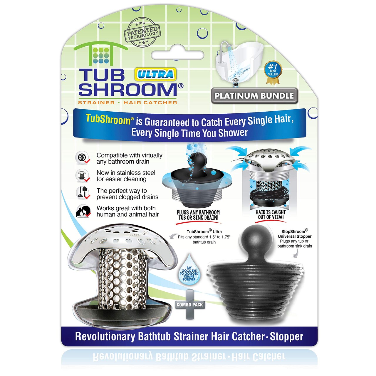 TubShroom Ultra Revolutionary Bath Tub Drain Protector Hair Catcher/Strainer/Snare,  Stainless Steel, Stainless Combo